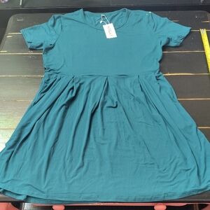 AUSELILY TEAL MIDI PLEATED FREE FLOW SHORT SLEEVE DRESS